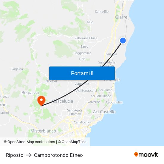 Riposto to Camporotondo Etneo map