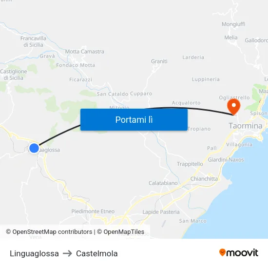 Linguaglossa to Castelmola map