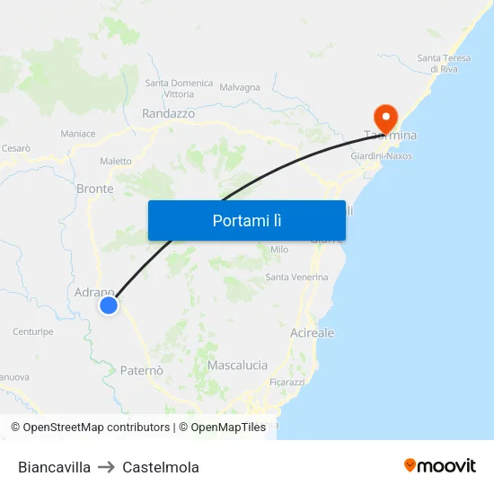 Biancavilla to Castelmola map