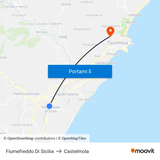 Fiumefreddo Di Sicilia to Castelmola map