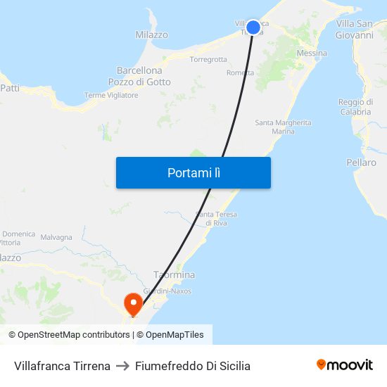 Villafranca Tirrena to Fiumefreddo Di Sicilia map