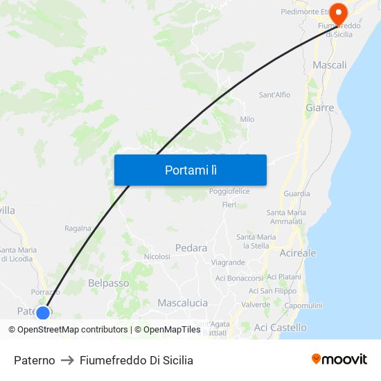 Paterno to Fiumefreddo Di Sicilia map