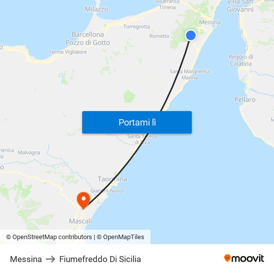 Messina to Fiumefreddo Di Sicilia map