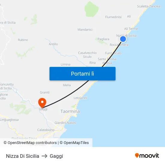 Nizza Di Sicilia to Gaggi map