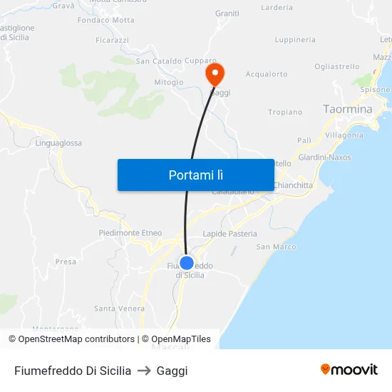 Fiumefreddo Di Sicilia to Gaggi map