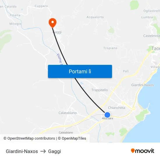 Giardini-Naxos to Gaggi map