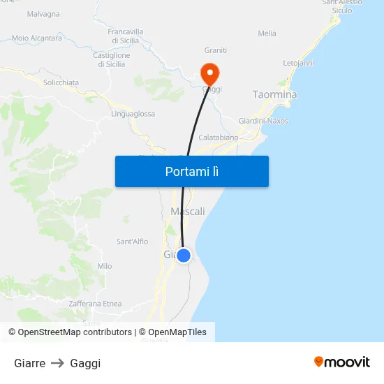 Giarre to Gaggi map