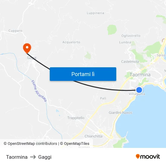 Taormina to Gaggi map