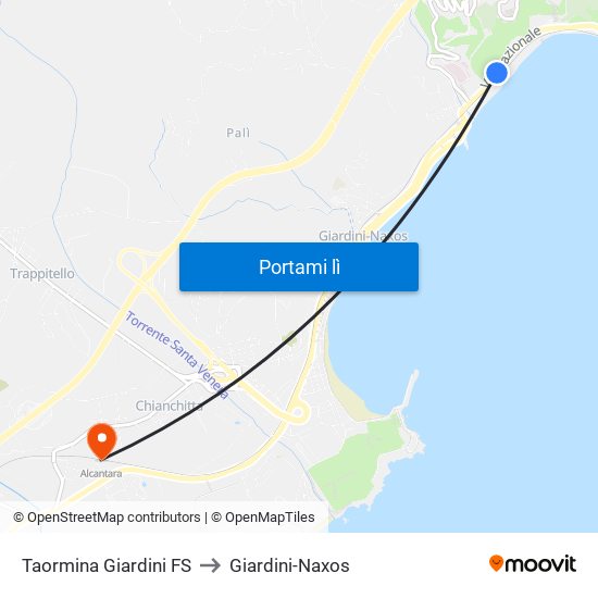 Taormina Giardini FS to Giardini-Naxos map