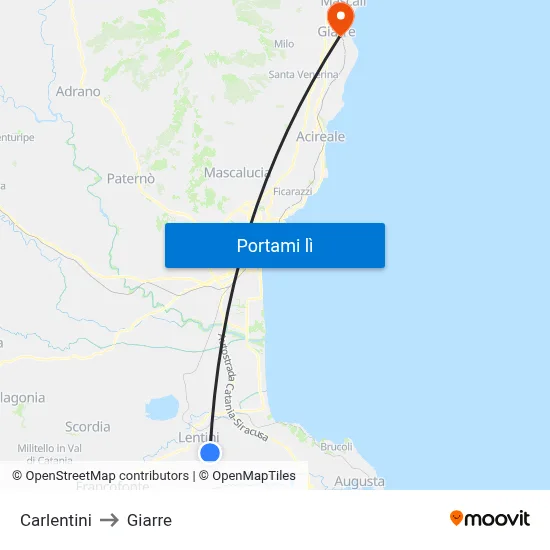 Carlentini to Giarre map