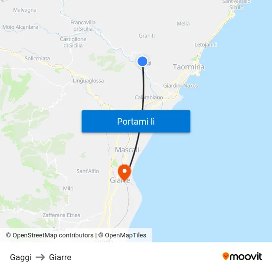Gaggi to Giarre map