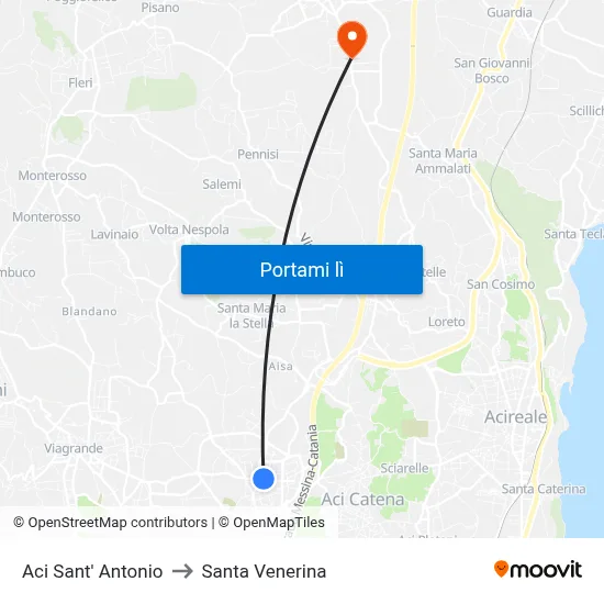 Aci Sant' Antonio to Santa Venerina map