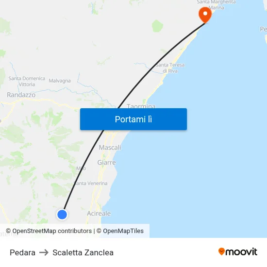 Pedara to Scaletta Zanclea map