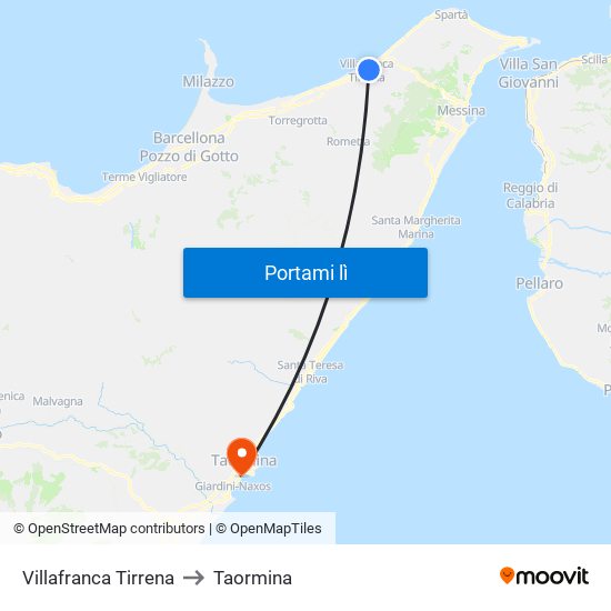 Villafranca Tirrena to Taormina map