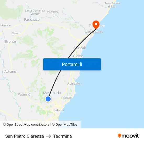 San Pietro Clarenza to Taormina map