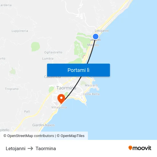 Letojanni to Taormina map