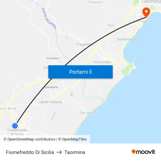 Fiumefreddo Di Sicilia to Taormina map