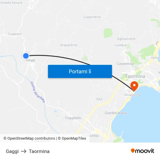 Gaggi to Taormina map