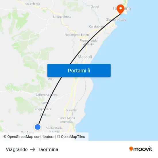 Viagrande to Taormina map