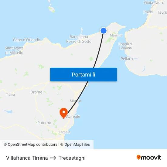 Villafranca Tirrena to Trecastagni map