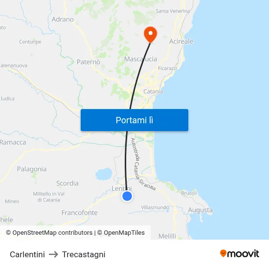 Carlentini to Trecastagni map