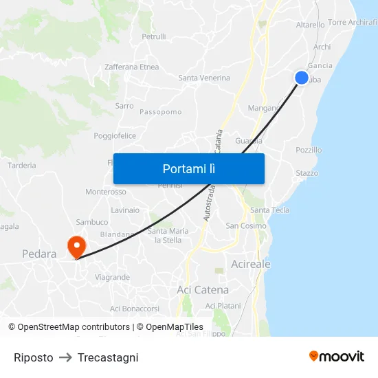 Riposto to Trecastagni map