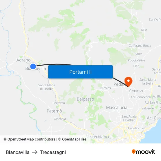 Biancavilla to Trecastagni map