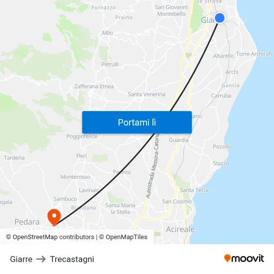 Giarre to Trecastagni map