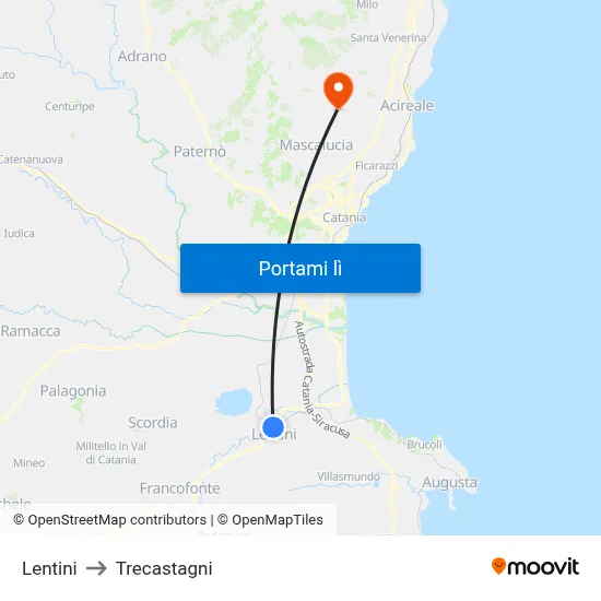 Lentini to Trecastagni map