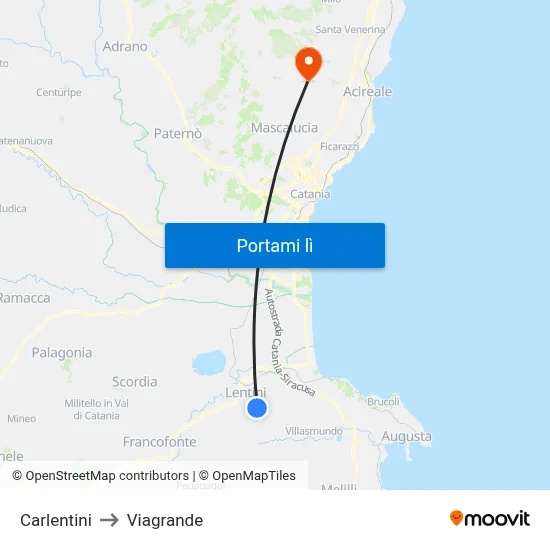 Carlentini to Viagrande map