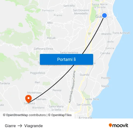 Giarre to Viagrande map