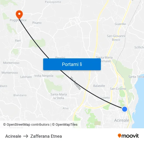 Acireale to Zafferana Etnea map