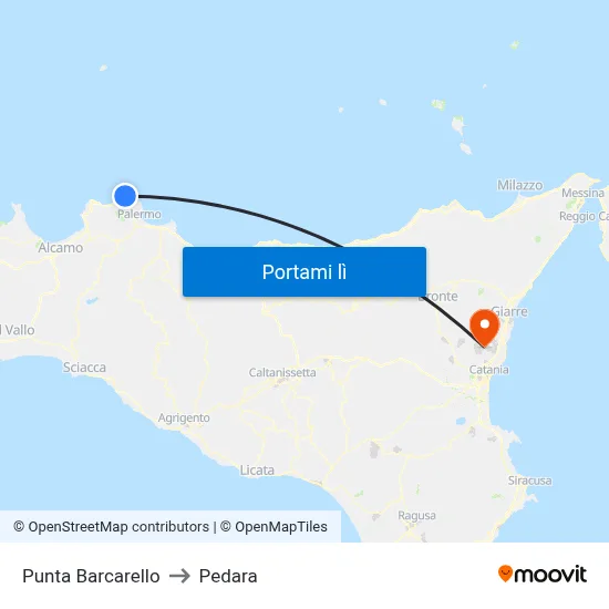 Punta Barcarello to Pedara map