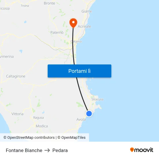 Fontane Bianche to Pedara map