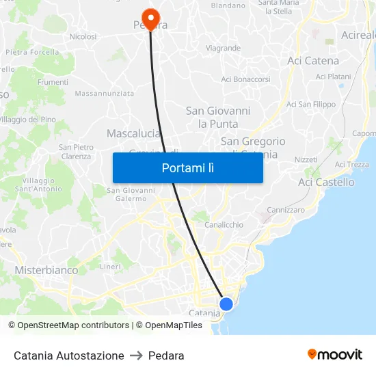 Catania Autostazione to Pedara map