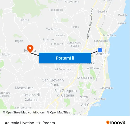 Acireale Livatino to Pedara map