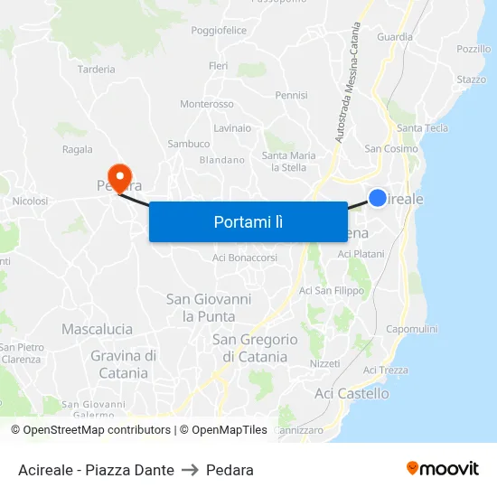 Acireale - Piazza Dante to Pedara map