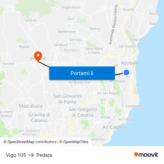 Vigo 105 to Pedara map