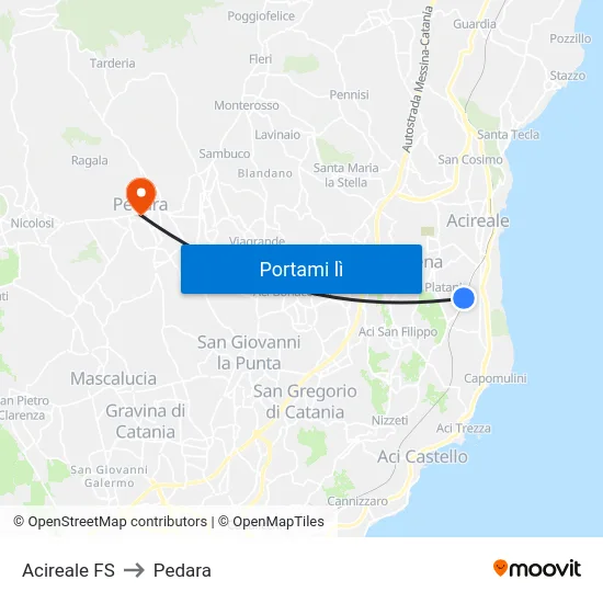 Acireale FS to Pedara map