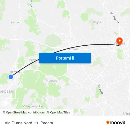 Via Fiume Nord to Pedara map