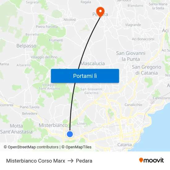 Misterbianco Corso Marx to Pedara map