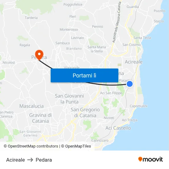 Acireale to Pedara map