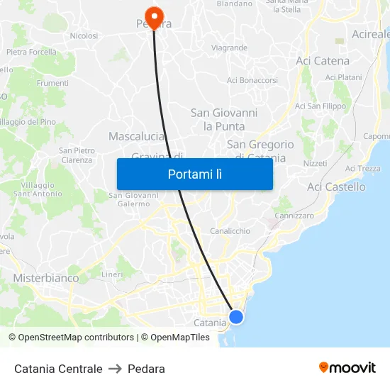 Catania Centrale to Pedara map