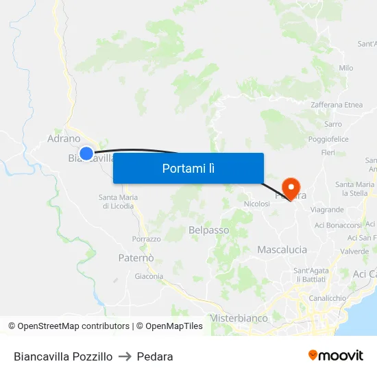 Biancavilla Pozzillo to Pedara map