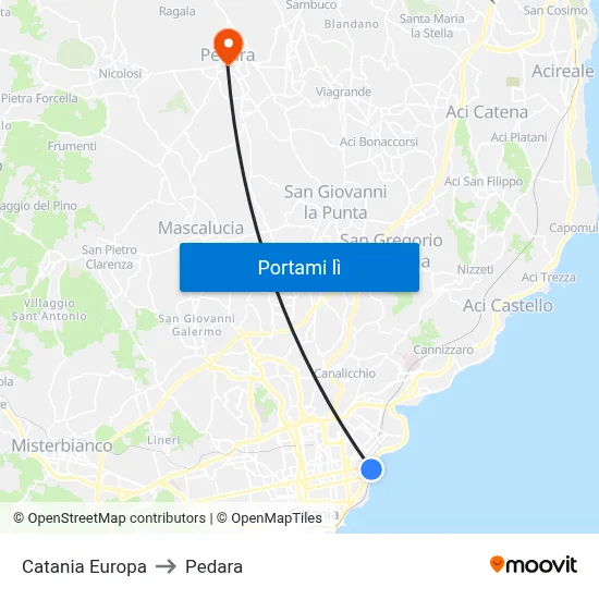 Catania Europa to Pedara map