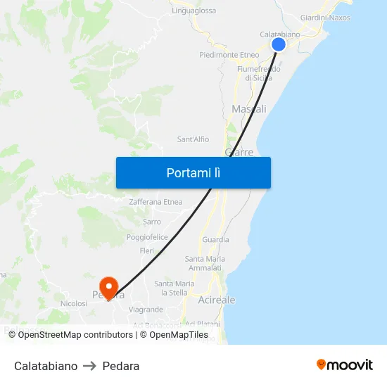 Calatabiano to Pedara map