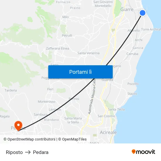 Riposto to Pedara map