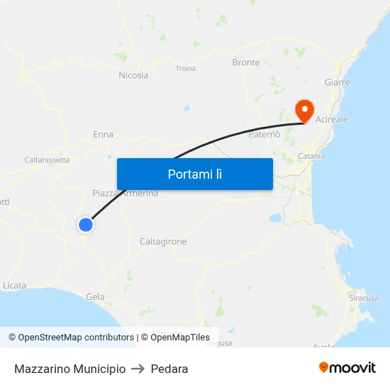 Mazzarino Municipio to Pedara map