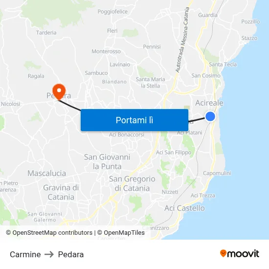 Carmine to Pedara map