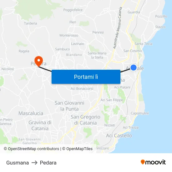 Gusmana to Pedara map